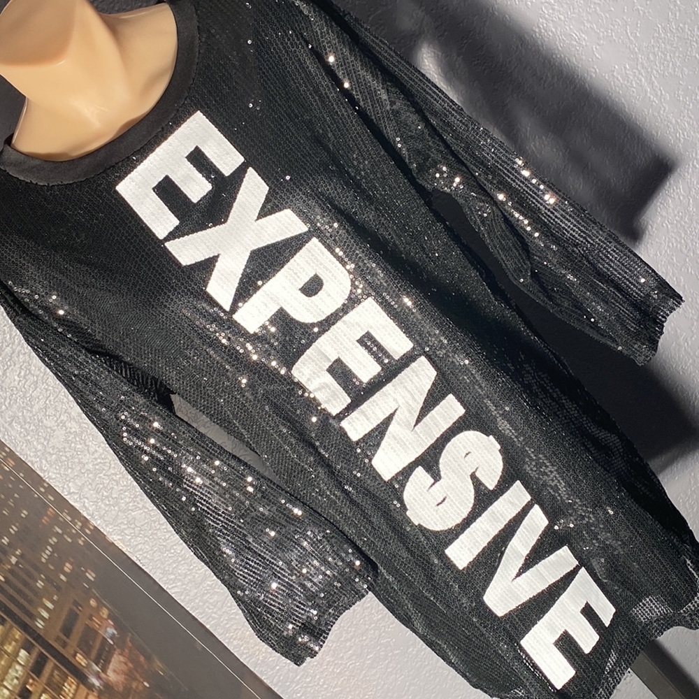 UNBRANDED - dress: black sequin w long sheer sleeves & EXPEN$IVE graphic - L